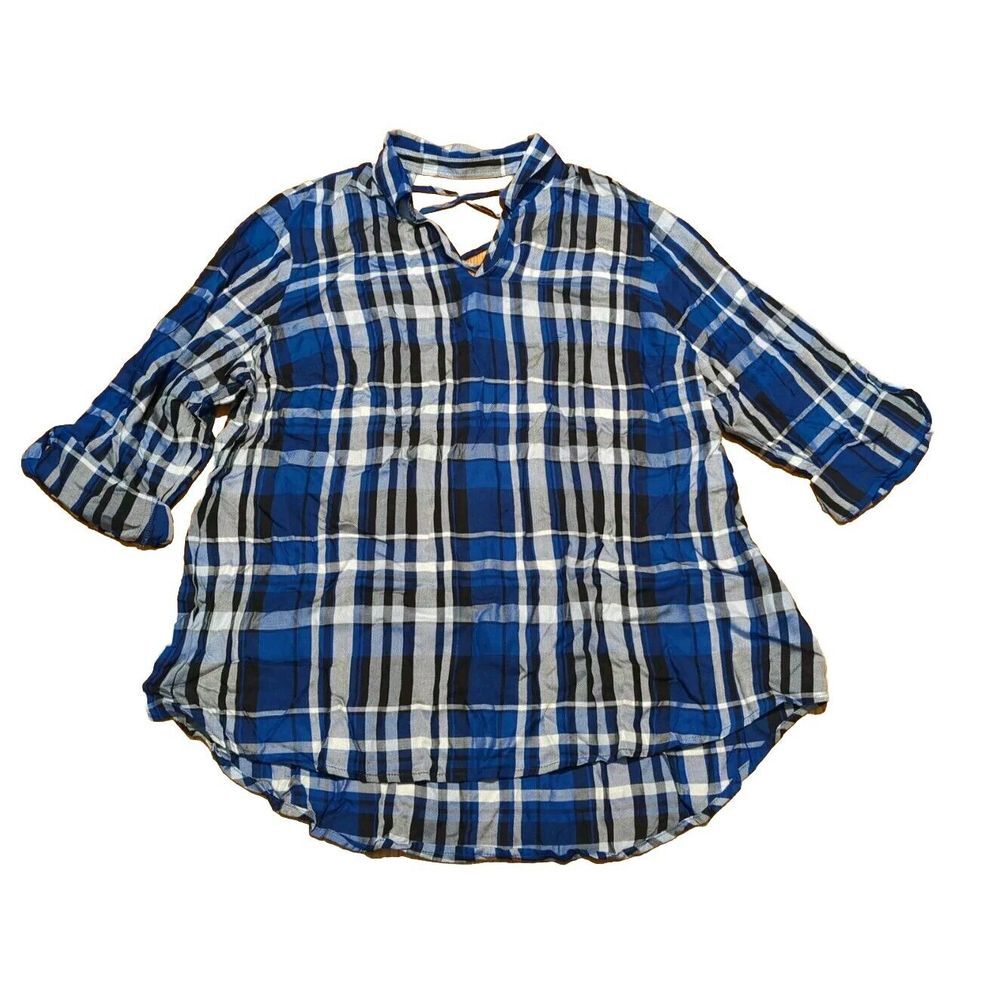 Cato Fashion New Blue/White/Black Plaid 18/20 Plus 3/4 Rolled Sleeve